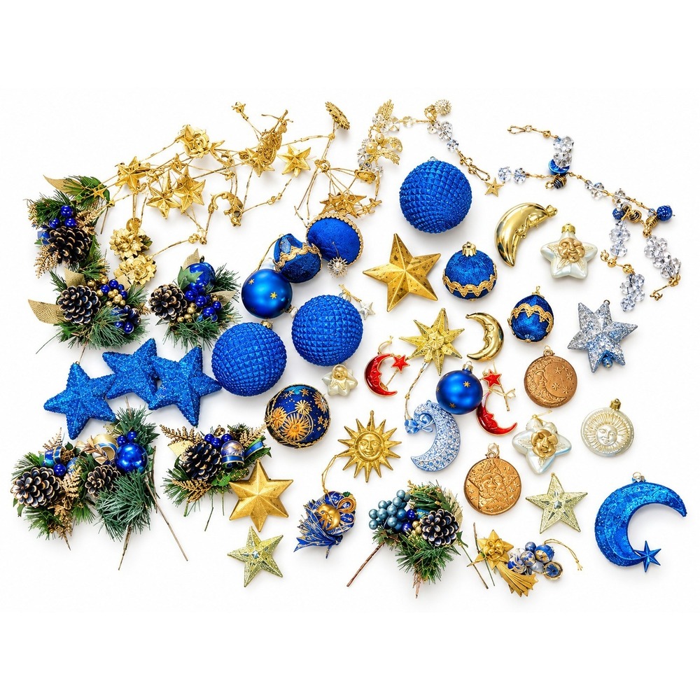 Vintage Huge Lot Celestial Moon, Sun Ornaments, Garland & Picks Blue & Gold HTF